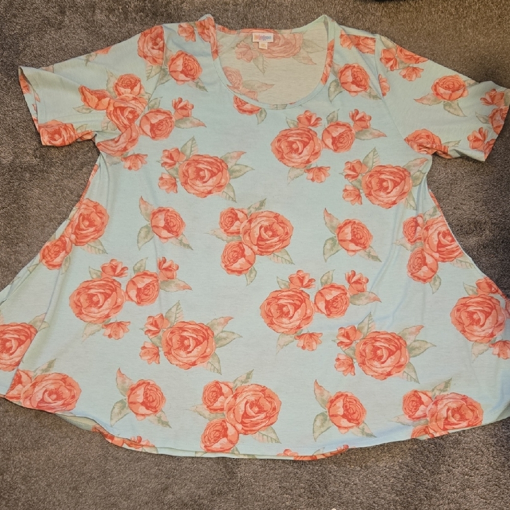 LuLaRoe Floral Print Top - Light Blue and Coral